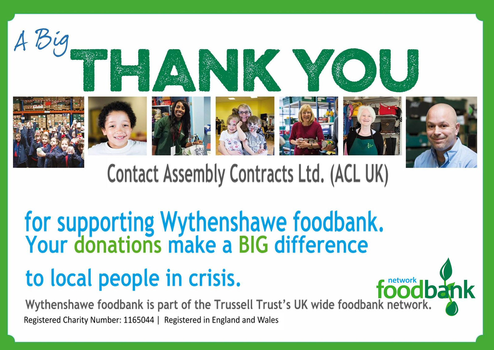 Thankyou from Wythenshawe food bank to Assembly Contracts Ltd. for the donation